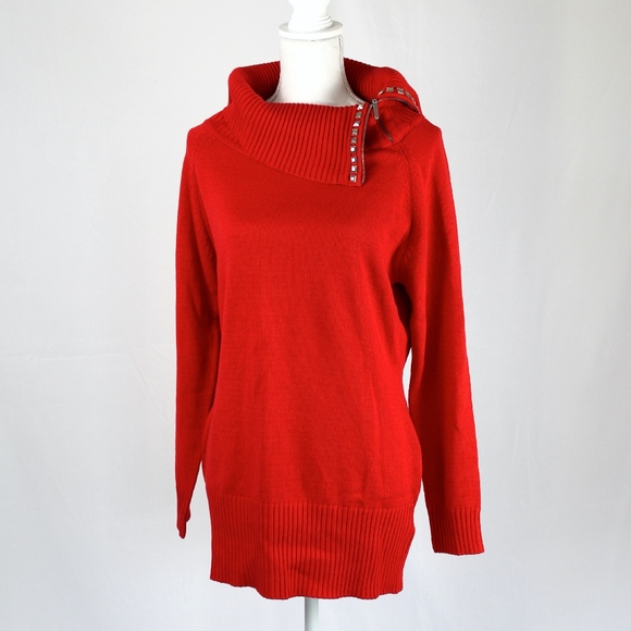 Studded Cowl Neck Sweater, Red XL - Picture 3 of 8